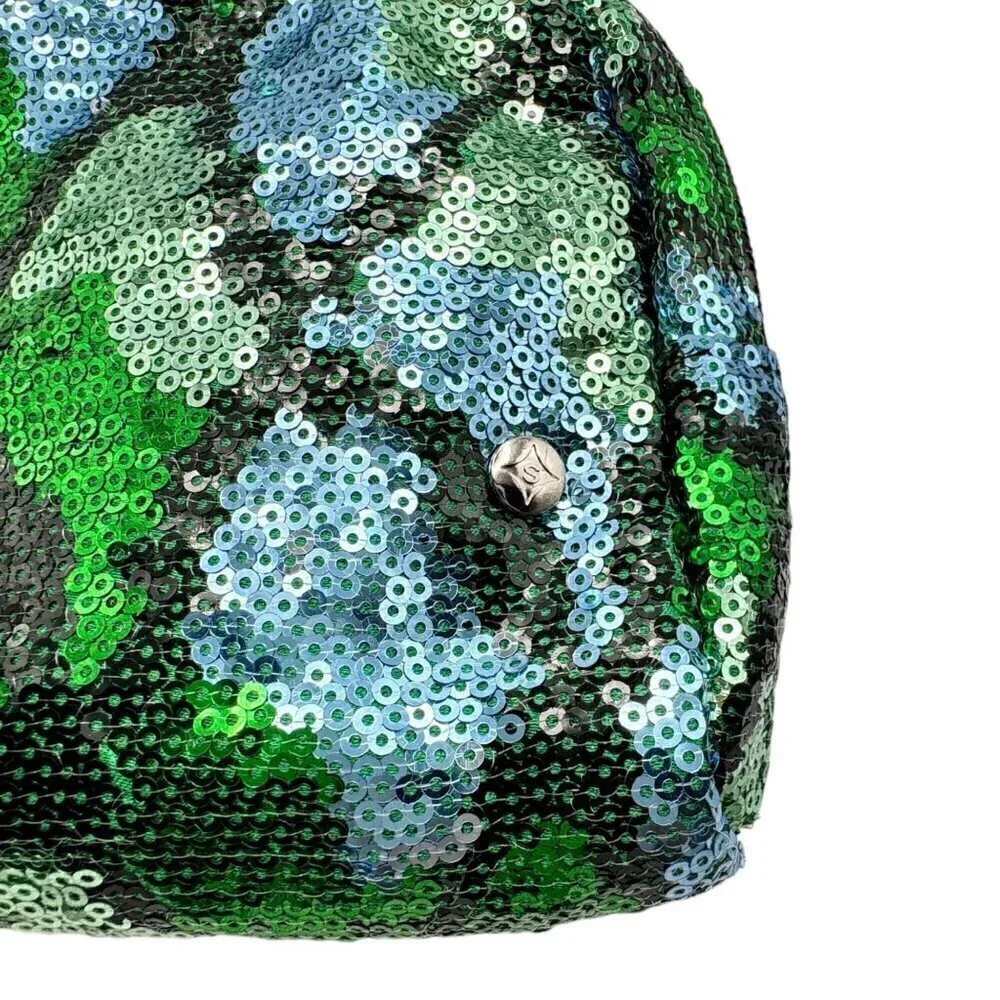 New Stephanie Johnson Makeup Cosmetic Bag Blue Green Sequin Zip Medium Size